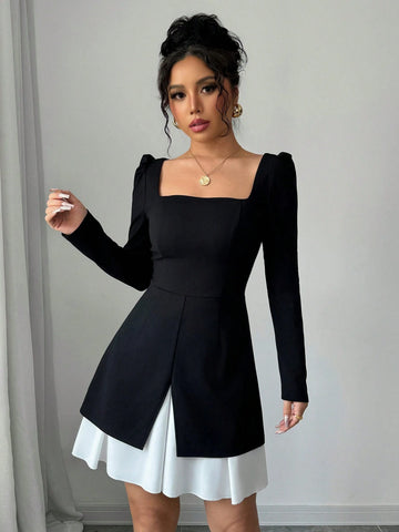 Contrast Color Square Collar Long Sleeve Ruched Waist A-Line Elegant Romantic Women Dress