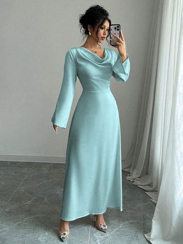 Elegant Charm Long Sleeve Ruched Waist Midi Dress