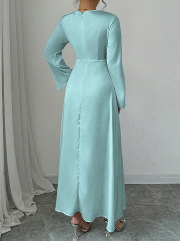 Elegant Charm Long Sleeve Ruched Waist Midi Dress