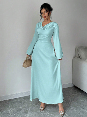 Elegant Charm Long Sleeve Ruched Waist Midi Dress
