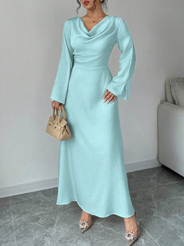Elegant Charm Long Sleeve Ruched Waist Midi Dress