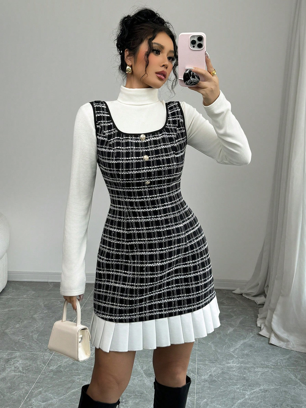 Elegant French Tweed Plaid Black Ruched A-Line Mini Dress For Women
