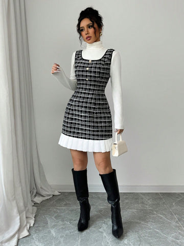 Elegant French Tweed Plaid Black Ruched A-Line Mini Dress For Women