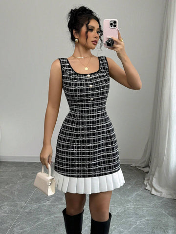 Elegant French Tweed Plaid Black Ruched A-Line Mini Dress For Women