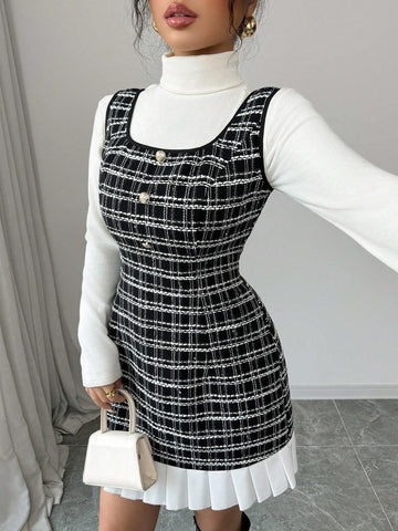 Elegant French Tweed Plaid Black Ruched A-Line Mini Dress For Women