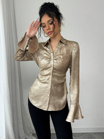 Elenzya Elegant Shiny Blouse With Collar, Dropped Shoulders, Waist Cinched Design, Bell Long Sleeves With Slit Cuffs, Curved Hem Women Shirt