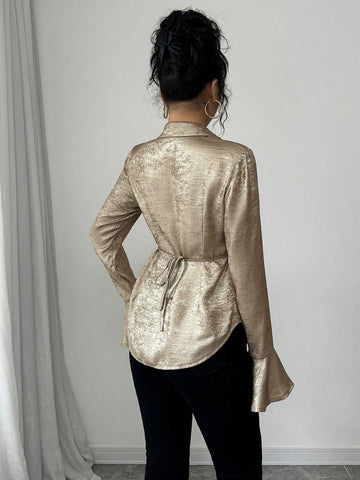 Elenzya Elegant Shiny Blouse With Collar, Dropped Shoulders, Waist Cinched Design, Bell Long Sleeves With Slit Cuffs, Curved Hem Women Shirt