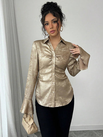 Elenzya Elegant Shiny Blouse With Collar, Dropped Shoulders, Waist Cinched Design, Bell Long Sleeves With Slit Cuffs, Curved Hem Women Shirt