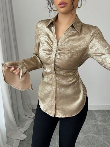Elenzya Elegant Shiny Blouse With Collar, Dropped Shoulders, Waist Cinched Design, Bell Long Sleeves With Slit Cuffs, Curved Hem Women Shirt
