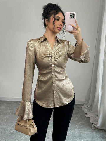 Elenzya Elegant Shiny Blouse With Collar, Dropped Shoulders, Waist Cinched Design, Bell Long Sleeves With Slit Cuffs, Curved Hem Women Shirt