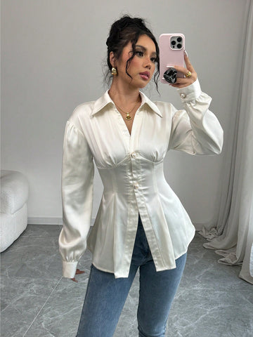 Elegant Vintage-Style Smooth Blouse For Commuting, Formal Party And Daily Wear