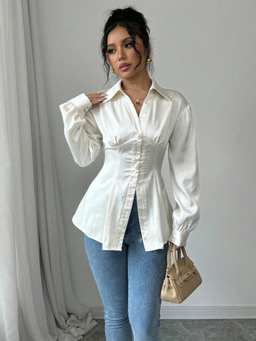 Elegant Vintage-Style Smooth Blouse For Commuting, Formal Party And Daily Wear