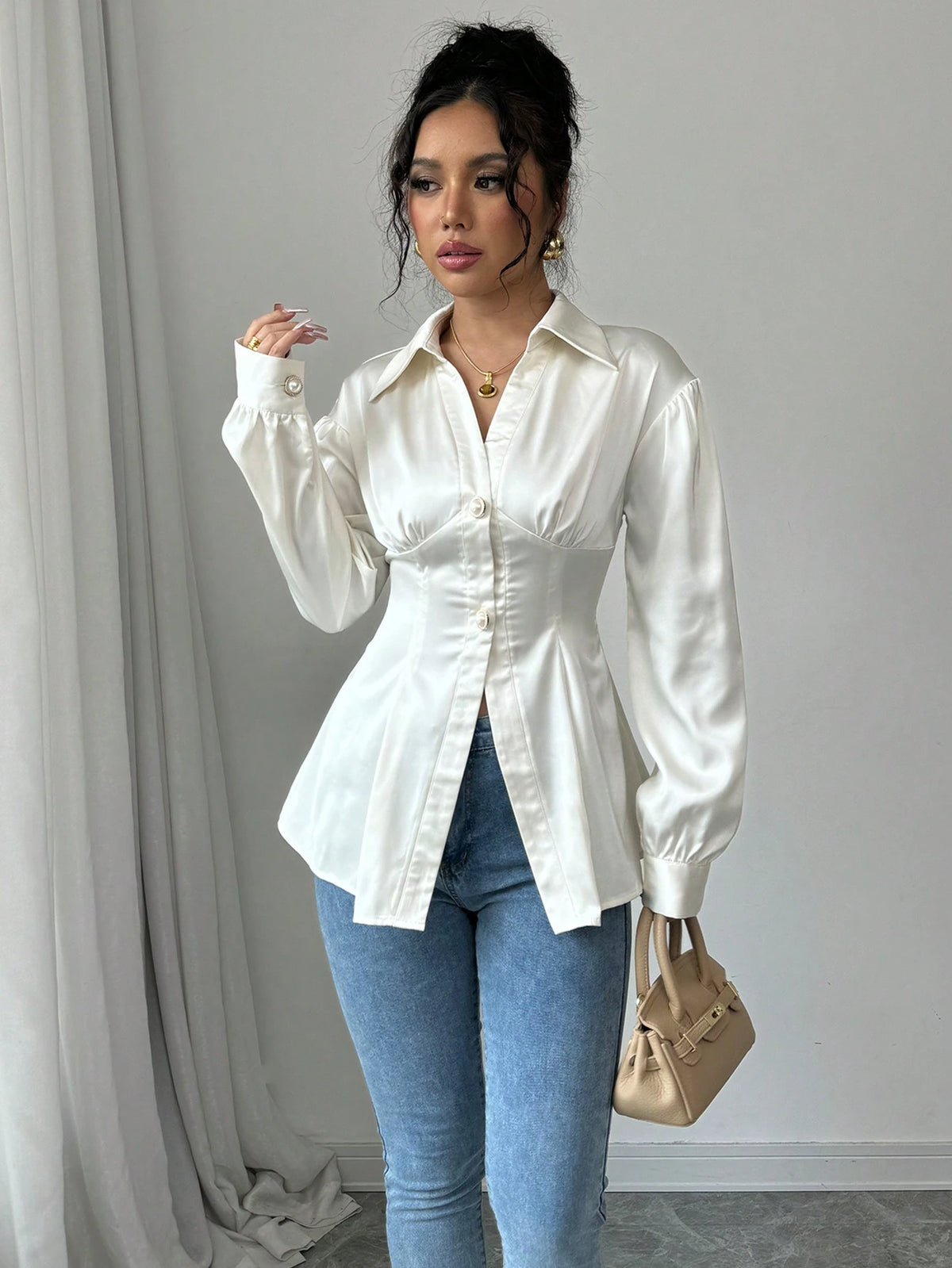 Elegant Vintage-Style Smooth Blouse For Commuting, Formal Party And Daily Wear