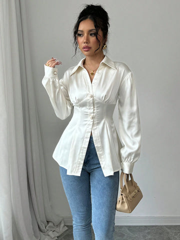 Elegant Vintage-Style Smooth Blouse For Commuting, Formal Party And Daily Wear