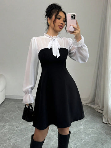 Fashion Slimming Waist A-Line Umbrella Skirt Dress, Elegant Patchwork Long Sleeve Versatile