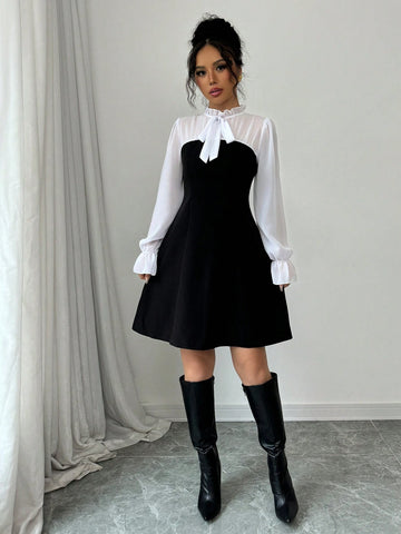 Fashion Slimming Waist A-Line Umbrella Skirt Dress, Elegant Patchwork Long Sleeve Versatile