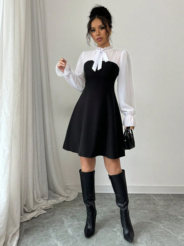 Fashion Slimming Waist A-Line Umbrella Skirt Dress, Elegant Patchwork Long Sleeve Versatile