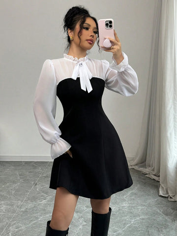 Fashion Slimming Waist A-Line Umbrella Skirt Dress, Elegant Patchwork Long Sleeve Versatile