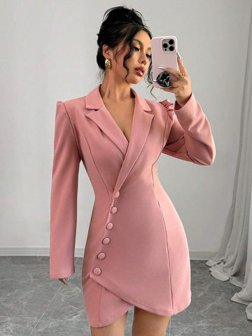 Lapel Collar Oblique Button Elegant Romantic Ladies Dress
