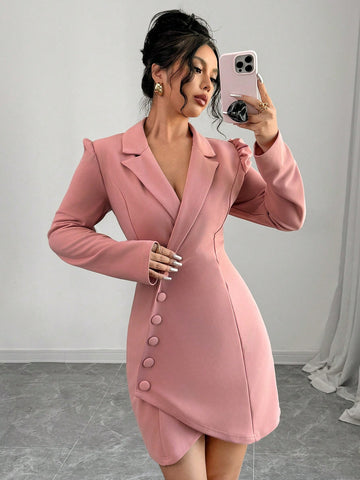 Lapel Collar Oblique Button Elegant Romantic Ladies Dress