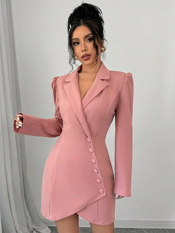 Lapel Collar Oblique Button Elegant Romantic Ladies Dress