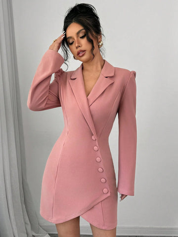 Lapel Collar Oblique Button Elegant Romantic Ladies Dress
