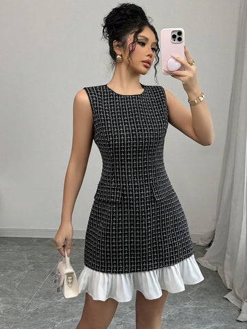 New Autumn/Winter Women Round Neck Elegant Woolen Fabric Waist Cinched A-Line Color Block