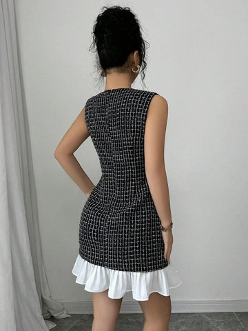 New Autumn/Winter Women Round Neck Elegant Woolen Fabric Waist Cinched A-Line Color Block