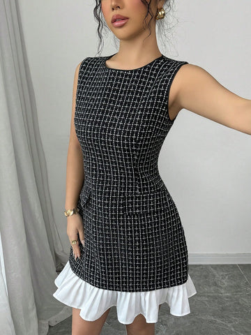 New Autumn/Winter Women Round Neck Elegant Woolen Fabric Waist Cinched A-Line Color Block