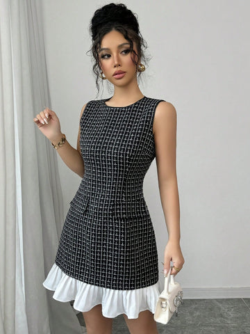 New Autumn/Winter Women Round Neck Elegant Woolen Fabric Waist Cinched A-Line Color Block