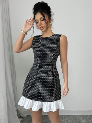 New Autumn/Winter Women Round Neck Elegant Woolen Fabric Waist Cinched A-Line Color Block