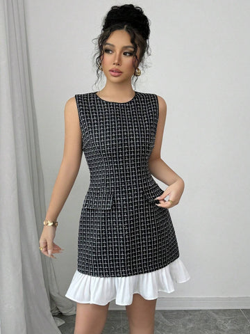 New Autumn/Winter Women Round Neck Elegant Woolen Fabric Waist Cinched A-Line Color Block