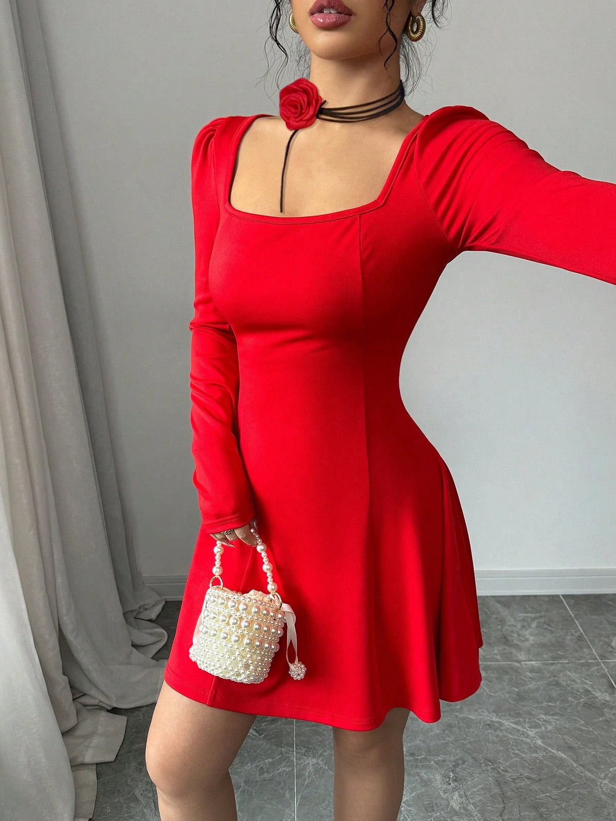 New Autumn Red Long Sleeve Square Neck Ruffle Hem Tight-Fitting Mini Dress, Versatile Holida