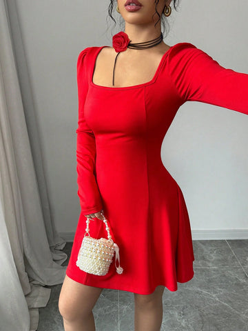 New Autumn Red Long Sleeve Square Neck Ruffle Hem Tight-Fitting Mini Dress, Versatile Holida