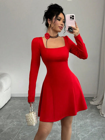 New Autumn Red Long Sleeve Square Neck Ruffle Hem Tight-Fitting Mini Dress, Versatile Holida