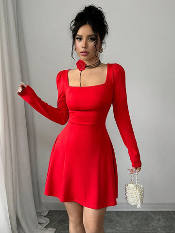 New Autumn Red Long Sleeve Square Neck Ruffle Hem Tight-Fitting Mini Dress, Versatile Holida