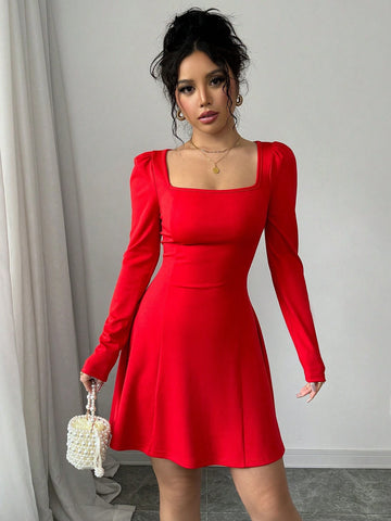 New Autumn Red Long Sleeve Square Neck Ruffle Hem Tight-Fitting Mini Dress, Versatile Holida