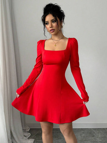 New Autumn Red Long Sleeve Square Neck Ruffle Hem Tight-Fitting Mini Dress, Versatile Holida