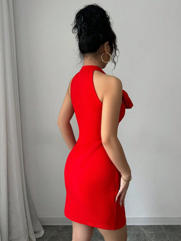 Red Bowknot Sleeveless Waist Fitted Elegant Romantic Women Bodycon Dress