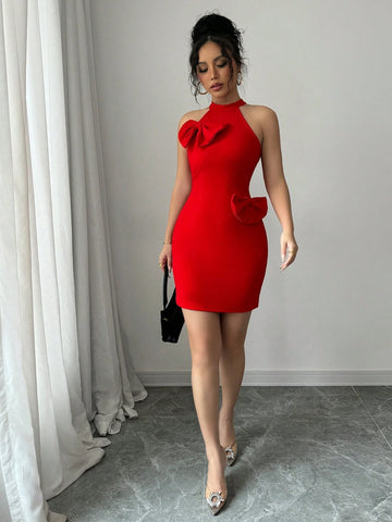 Red Bowknot Sleeveless Waist Fitted Elegant Romantic Women Bodycon Dress