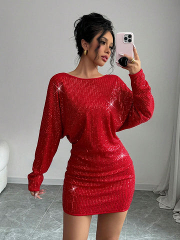 Red Sequin Asymmetrical Neck Wide Collar Batwing Sleeve Women Short Shift Dress