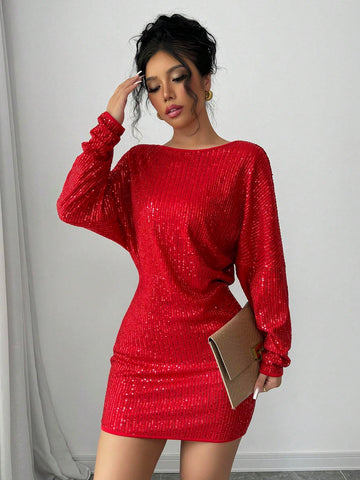 Red Sequin Asymmetrical Neck Wide Collar Batwing Sleeve Women Short Shift Dress