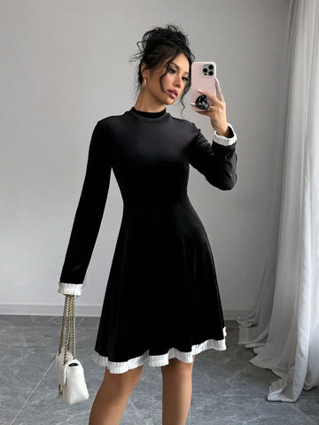 Round Neck Ruched Waisted A-Line Color Block Ruffled Retro Velvet Dress, Elegant Everyday Wear & Party, Versatile