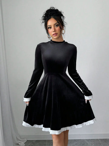 Round Neck Ruched Waisted A-Line Color Block Ruffled Retro Velvet Dress, Elegant Everyday Wear & Party, Versatile