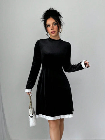 Round Neck Ruched Waisted A-Line Color Block Ruffled Retro Velvet Dress, Elegant Everyday Wear & Party, Versatile