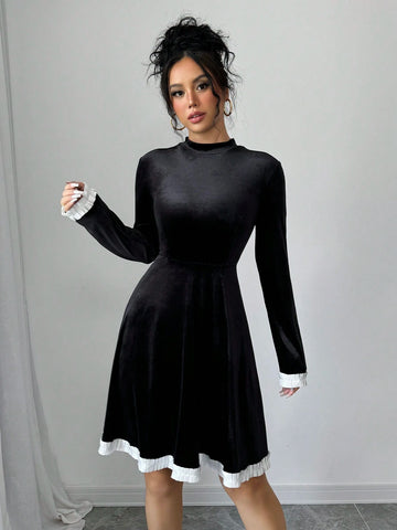 Round Neck Ruched Waisted A-Line Color Block Ruffled Retro Velvet Dress, Elegant Everyday Wear & Party, Versatile