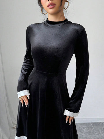 Round Neck Ruched Waisted A-Line Color Block Ruffled Retro Velvet Dress, Elegant Everyday Wear & Party, Versatile