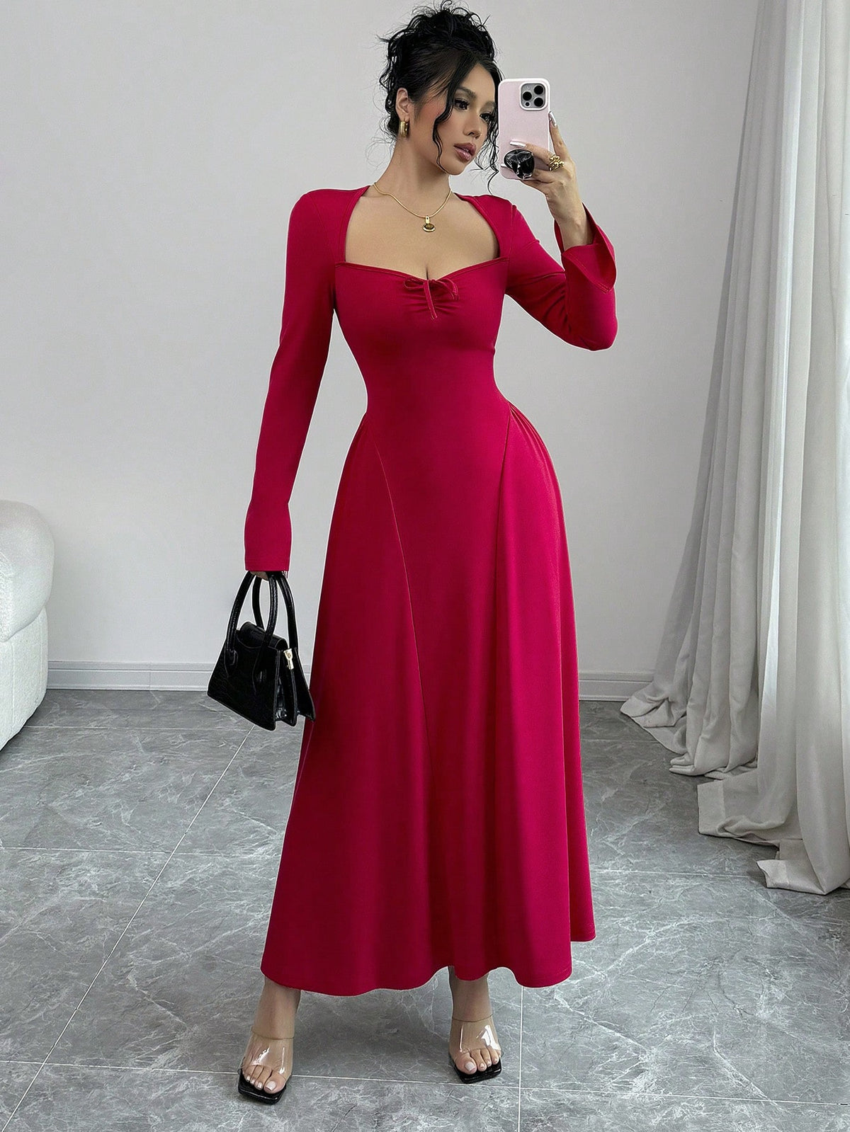 Sexy Square Neck Bow Tie Cinched Waist Knitted Stretch Long Sleeve A-Line Dress