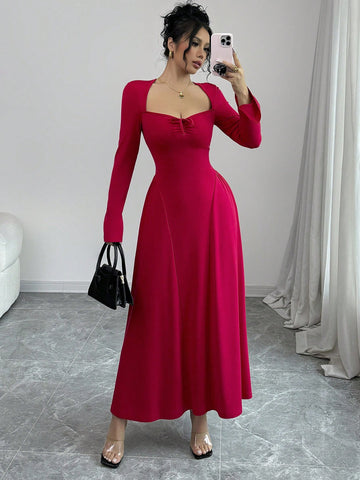Sexy Square Neck Bow Tie Cinched Waist Knitted Stretch Long Sleeve A-Line Dress
