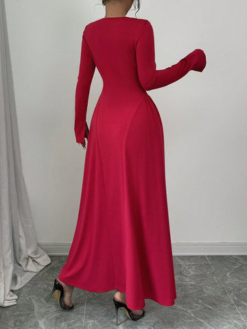 Sexy Square Neck Bow Tie Cinched Waist Knitted Stretch Long Sleeve A-Line Dress